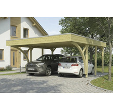 Holz Carport mit zwei parkenden Autos vor einem Haus