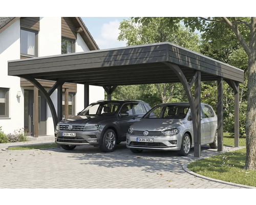 Doppelcarport aus Holz mit zwei parkenden Autos