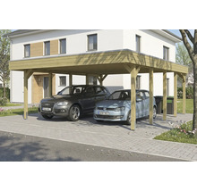 Double carport en bois avec deux voitures garées