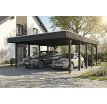 Doppelcarport aus Holz mit zwei geparkten Autos vor einem Wohnhaus