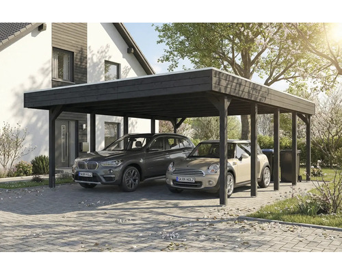 Doppelcarport aus Holz mit zwei geparkten Autos vor einem Wohnhaus