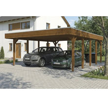 Doppelcarport aus Holz mit zwei geparkten Autos vor einem Wohnhaus