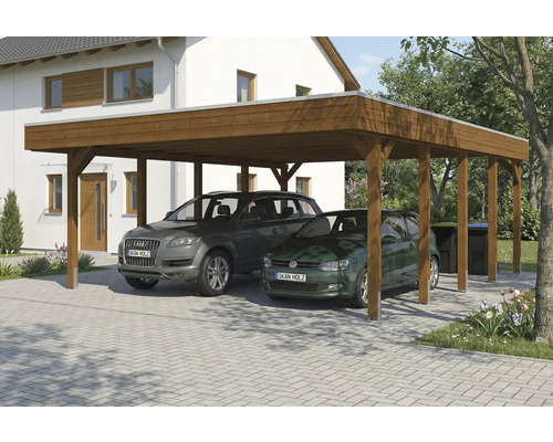 Doppelcarport aus Holz mit zwei geparkten Autos vor einem Wohnhaus