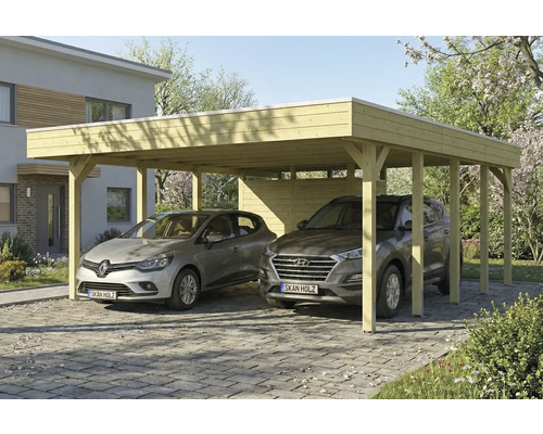 Doppelcarport aus Holz mit zwei parkenden Autos