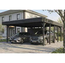 Doppelcarport aus Holz mit zwei geparkten Autos davor