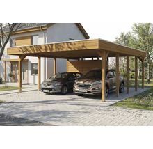 Doppelcarport aus Holz mit zwei geparkten Autos vor einem Haus