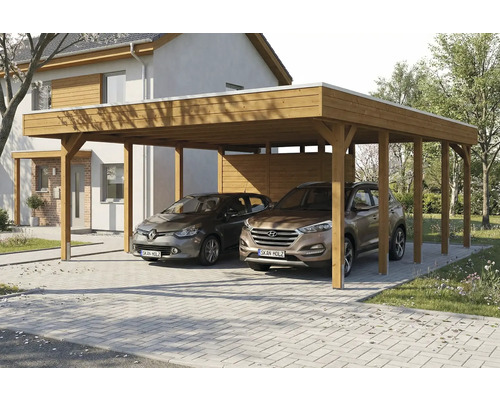Doppelcarport aus Holz mit zwei geparkten Autos vor einem Haus