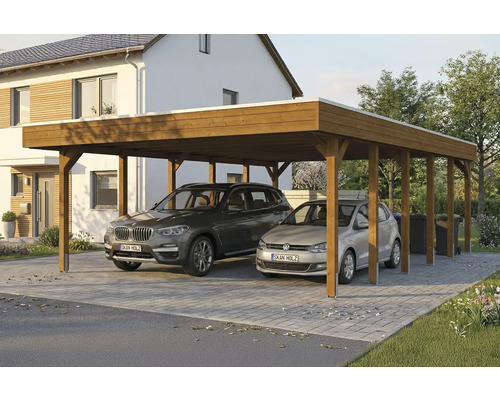 Doppelcarport aus Holz mit zwei geparkten Autos