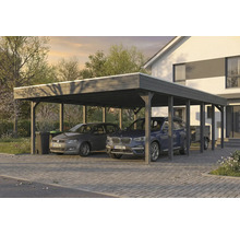 Doppelcarport aus Holz mit zwei geparkten Autos