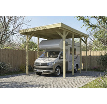 Carport en bois avec camping-car sur surface pavée
