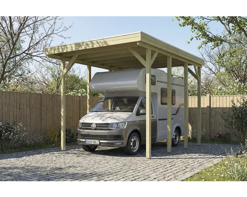 Carport en bois avec camping-car sur surface pavée
