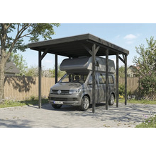 Carport en bois avec camping-car gris sur sol pavé