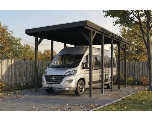 Wohnmobil unter einem schwarzen Carport aus Holz