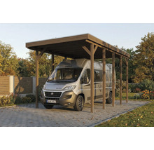 Camping-car sous un carport en bois