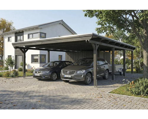 Double carport en bois avec deux voitures garées et une remorque