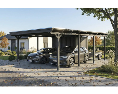 Double carport en bois avec deux voitures et une remorque