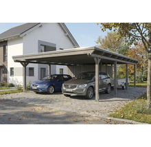 Doppelcarport aus Holz mit zwei Autos und Anhänger