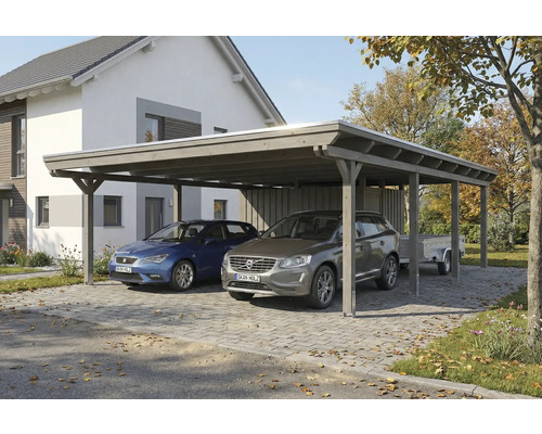 Doppelcarport aus Holz mit zwei Autos und Anhänger