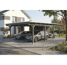 Doppelcarport aus Holz mit zwei parkenden Autos und einem Anhänger