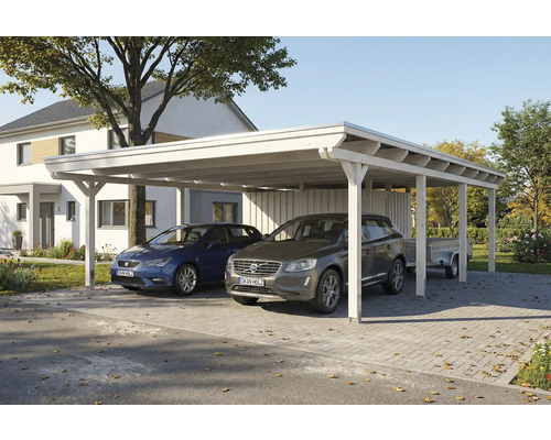 Double carport en bois avec deux voitures garées et une remorque à l'arrière-plan