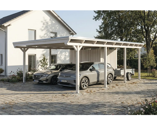 Doppelcarport aus Holz mit zwei parkenden Autos und einem Anhänger