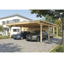 Doppelcarport aus Holz mit zwei parkenden Autos