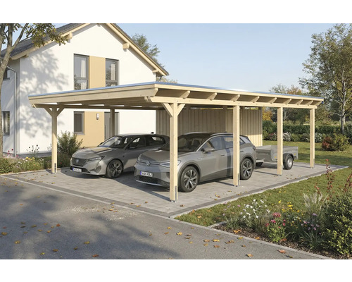 Carport aus Holz mit zwei geparkten Autos und einem Anhänger vor einem Haus.