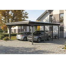 Doppelcarport aus Holz mit zwei geparkten Autos und einem Anhänger