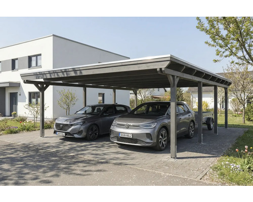 Double carport en bois avec deux voitures et une remorque