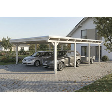 Carport en bois avec deux voitures et une remorque