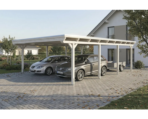 Carport en bois avec deux voitures et une remorque