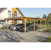 Double carport en bois avec deux voitures et une remorque