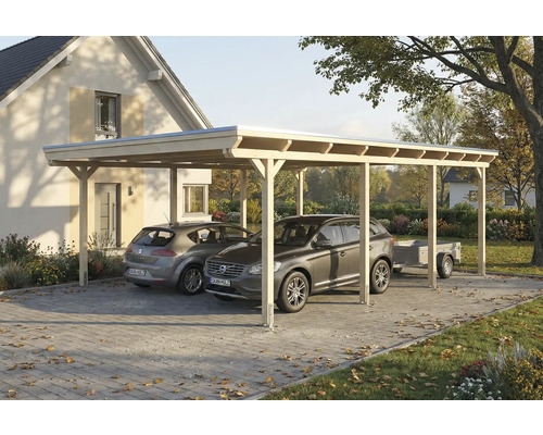 Doppelcarport aus Holz mit zwei geparkten Autos und einem Anhänger