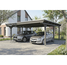 Doppelcarport aus Holz mit zwei geparkten Autos auf einem Hof