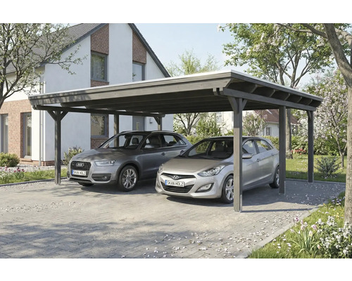 Doppelcarport aus Holz mit zwei geparkten Autos auf einem Hof