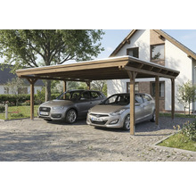 Double carport en bois avec deux voitures garées devant une maison