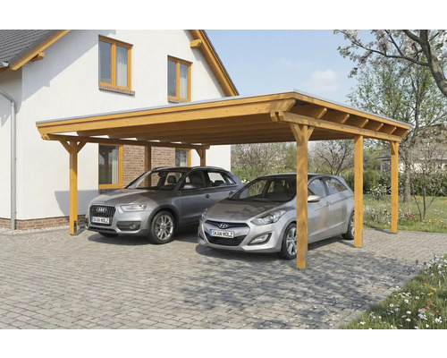 Doppelcarport aus Holz mit zwei parkenden Autos