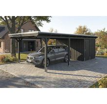 Holzcarport mit Geräteraum und geparktem Auto