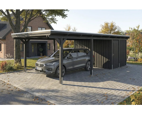 Holzcarport mit Geräteraum und geparktem Auto