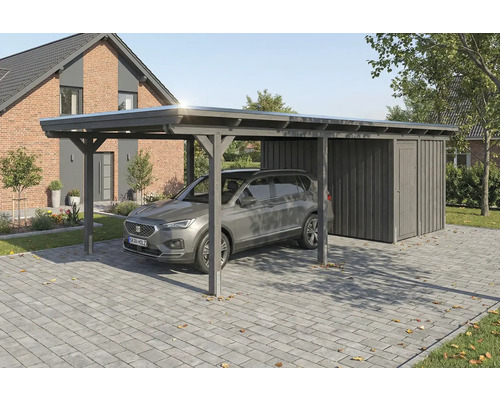 Carport en bois avec remise à outils et voiture dans une cour pavée