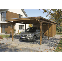 Holzcarport mit Geräteschuppen und geparktem Auto