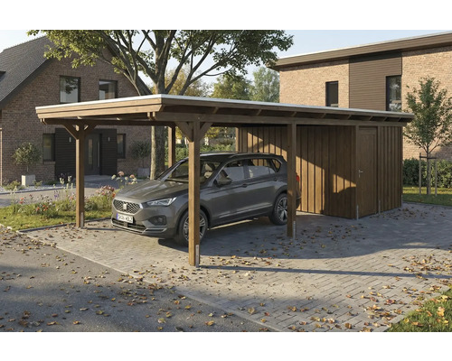Carport aus Holz mit Geräteschuppen und geparktem Auto