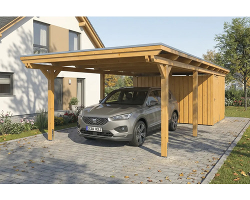 Auto unter einem Carport aus Holz mit Geräteschuppen