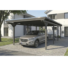 Carport en bois avec voiture et remorque