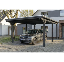 Carport en bois avec voiture dans l'allée devant une maison