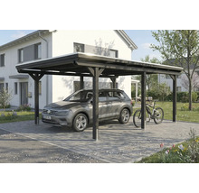 Carport en bois avec voiture et vélo dans l'allée