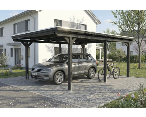 Carport en bois avec voiture et vélo dans l'allée