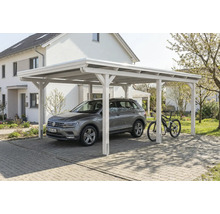 Carport en bois avec voiture et vélo