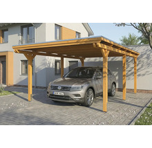 Carport en bois avec voiture dans l'allée