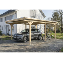 Carport en bois avec voiture et vélo